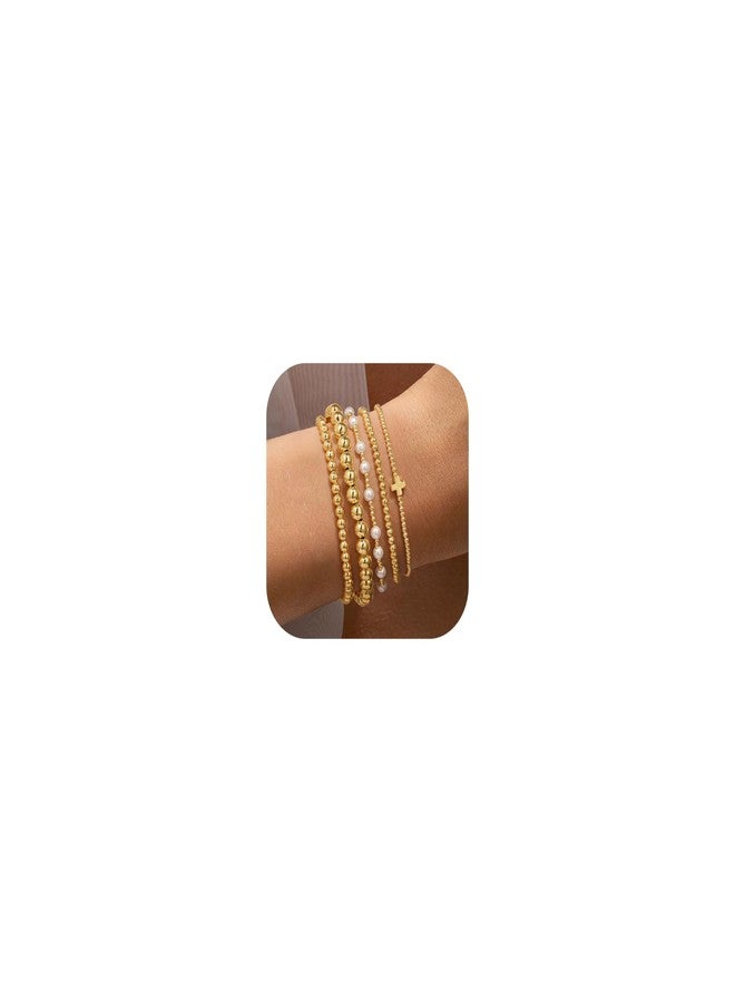 Yoosteel مجموعة أساور يوستيل الذهبية المزينة بالخرز للنساء والفتيات المراهقات - سوار لؤلؤي صغير مطلي بالذهب عيار 14 قيراطًا، مزين بخرز دائري صغير متقاطع، هدية مثالية للنساء والفتيات المراهقات، يمكن تكديسه، هدية رائعة لعيد الميلاد، 5 قطع - Image 1